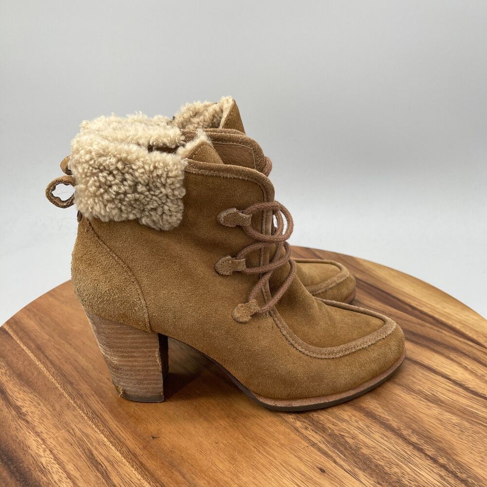 Ugg Analise Boots Womens Size 8 Brown Leather Shearling Cuff Casual Going Out